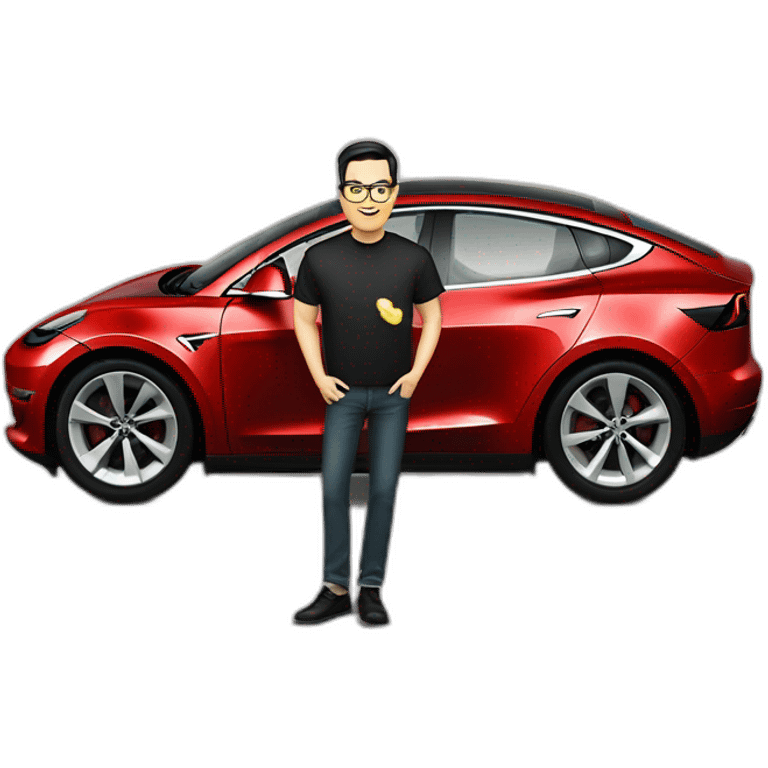 middle-age-lean-white-man,-with-black-hair-&-glasses, without beard or moustache,-wearing-tesla-t-shirt-riding-a-black-tesla-model-3 emoji