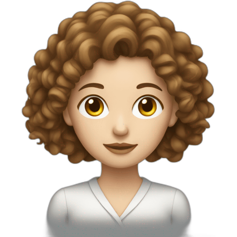 White woman with long curly brown hair working on a laptop emoji