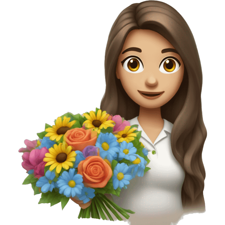 florist girl with long blowout brown hair and blue eyes with a colorful bouquet in the hand  emoji