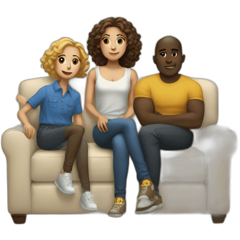 a light-skinned girl sits on a sofa and five dark-skinned guys stand behind emoji