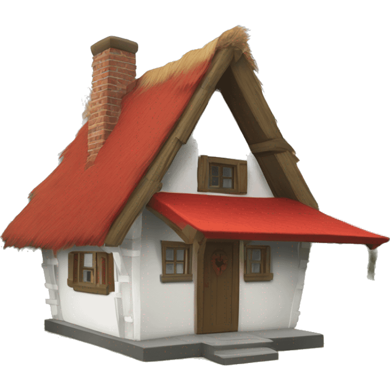 small white cabin with red half-timbering and thatched roof emoji