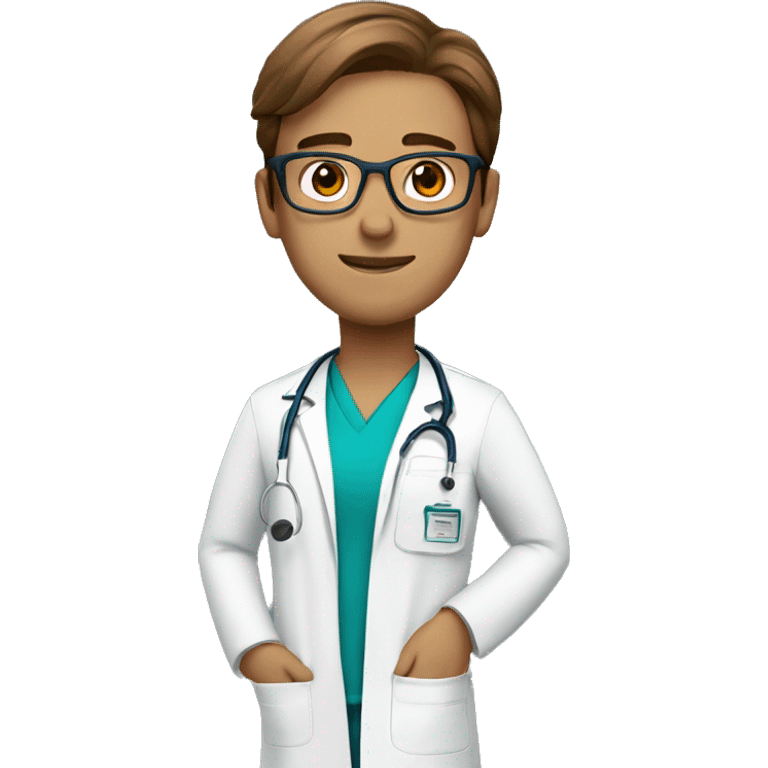 Make Doctor in scrubs and stethoscope with brown hair and glasses emoji