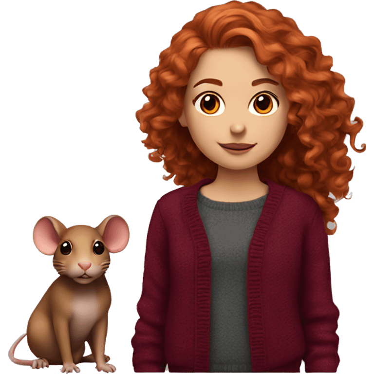 red-haired girl with long hair and curls styling in a burgundy sweater and a rat on her shoulder emoji