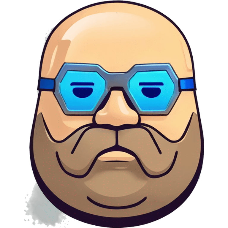 Bearded Fat bald cyborg head with tan skin, blue goggles and circuits emoji