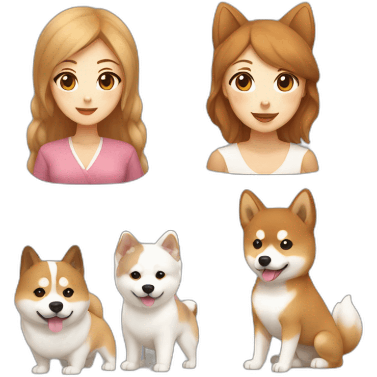 Cute Shiba with and a white Hokkaido dog and their mistress, a woman with brown and curly hair emoji