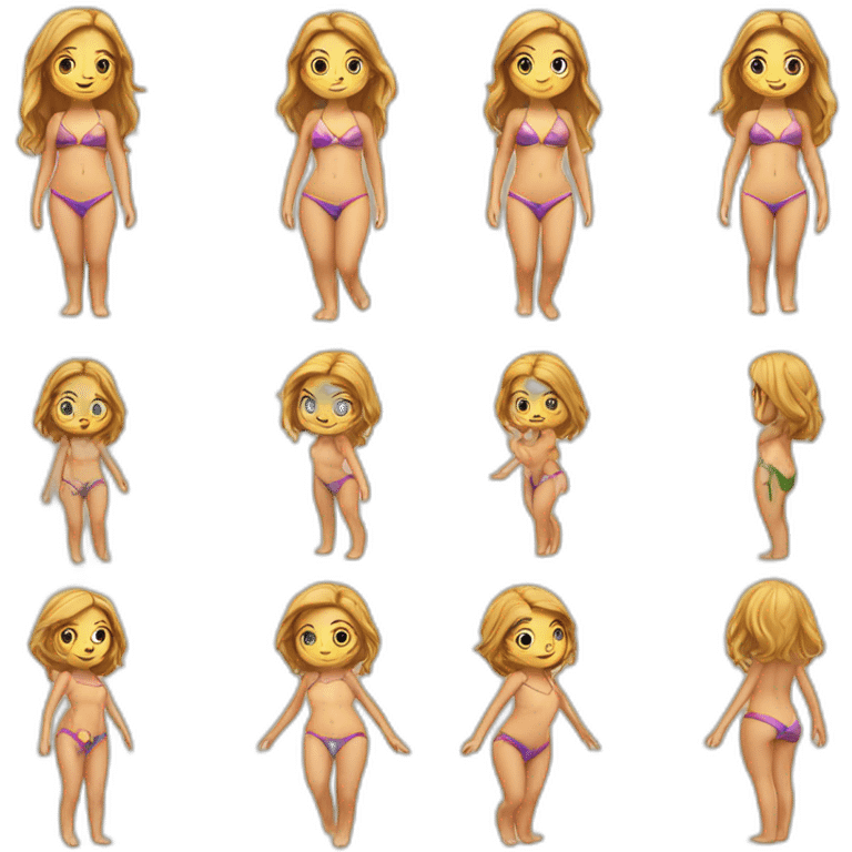 realistic very small bikini girl full body low angle view from front rear and side views emoji