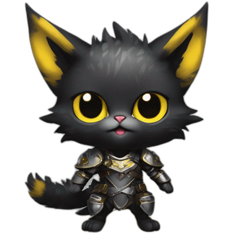 chibi monster hunter palico with all black fur on hind legs wearing armor and blepping and black face with yellow eyes emoji