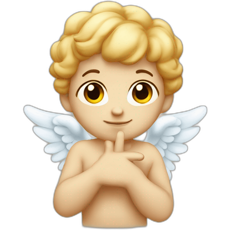 cherub with a calm face making the peace sign with his left hand emoji