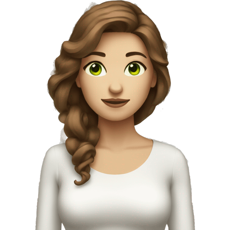 A Woman with brown hair and green eyes and the hair are long und medium skin emoji