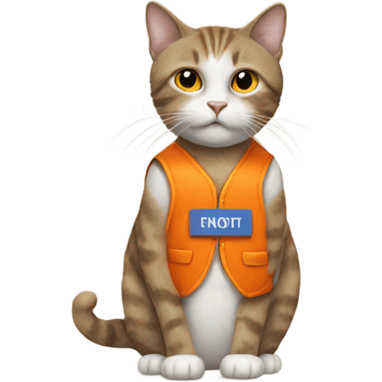 cat with a sign and an orange vest emoji