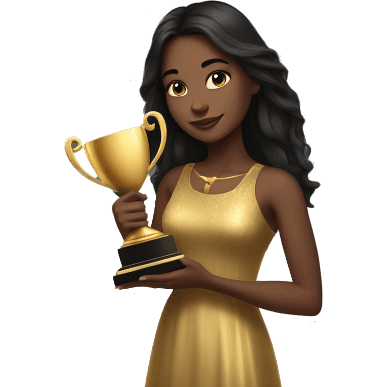 realistic portrait of a brown skin girl with brown eyes and long straight black hair wearing a gold dress holding 4 trophies in her arms emoji