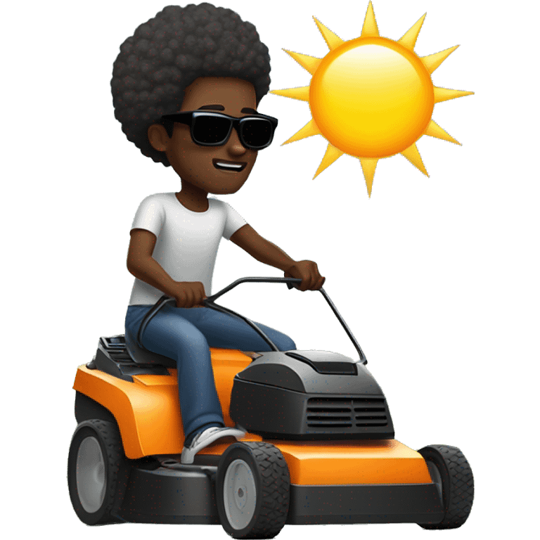 Black man with afro and sunglasses pushing a lawnmower and listening to music with sun rising in background emoji