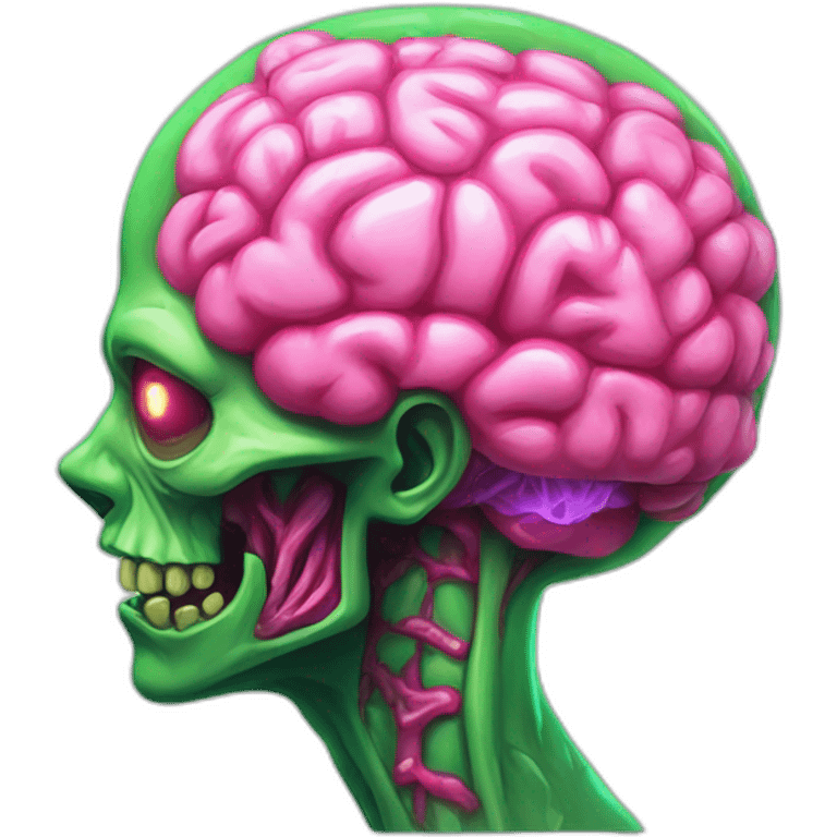 Zombie with radiant green skin and a neon-pink brain exposed emoji