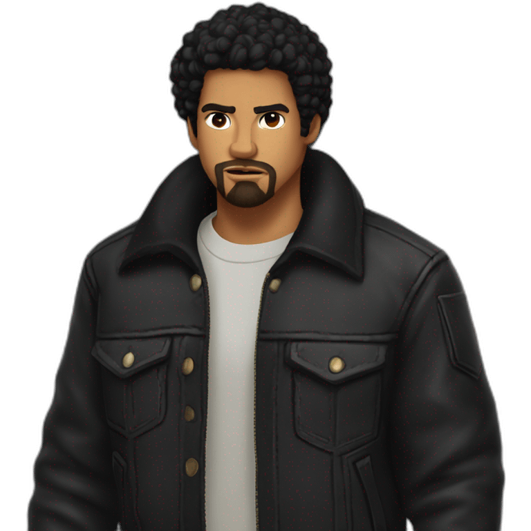 young man, light tan, curly black hair, with black tendrils in his ears, goatee, angry or upset, wearing a Venezuelan flannel, wearing a black motorcycle jacket. emoji