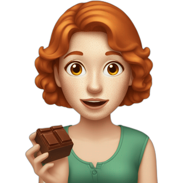 redhead woman with freckle eats chocolate emoji