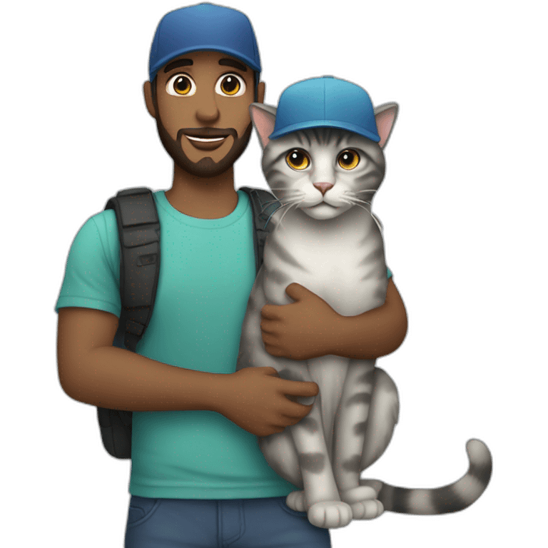 a white man with a short beard and a snapback hat holding a big grey cat emoji