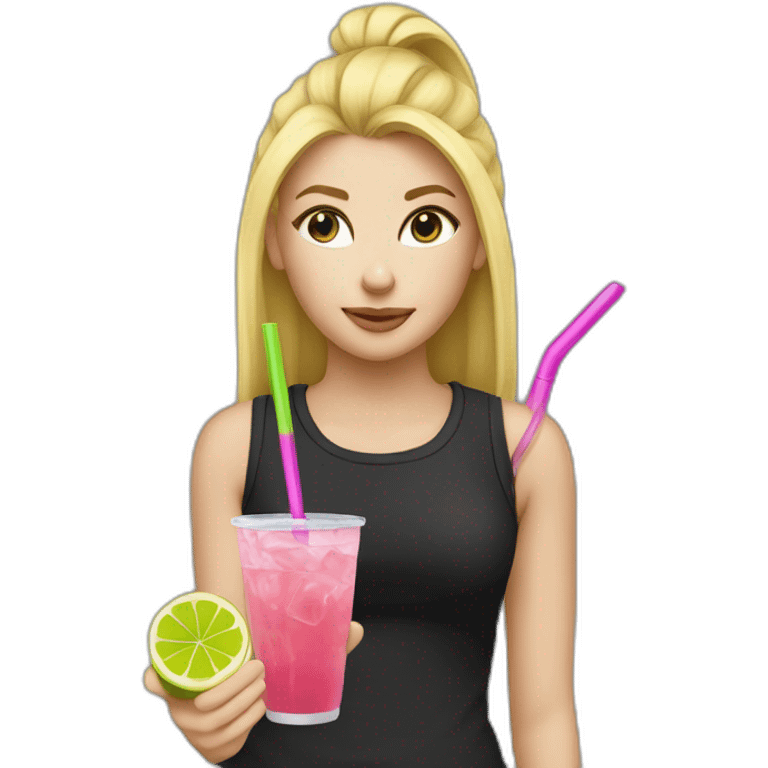 crazy blonde girl straw drinking pink lemonade with one green lemon in the cup, with black watch black tshirt emoji