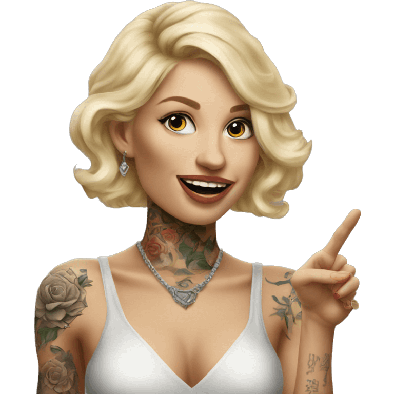 Blonde elegant women, her Body Covered with Tattoos, POINTING to YOU FORWARD with her ONE HAND , Hyper realistic emoji