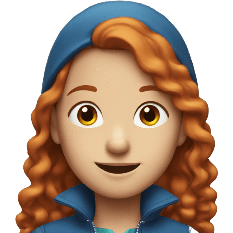 red-haired girl in a blue jacket, smiling emoji