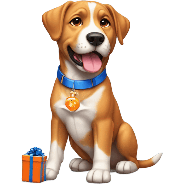 happy cute american stafford with simple blue collar with orange pendant from half side perspective with presents and gifts around him emoji