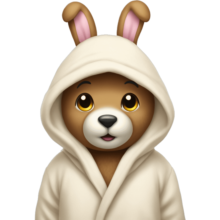 teddy bear that’s wearing a cream bunny dressing gown with the hood up and on the hood there is bunny ears emoji