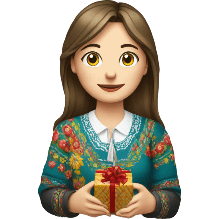 A female teacher in Ukrainian embroidery holds a gift in her hand emoji