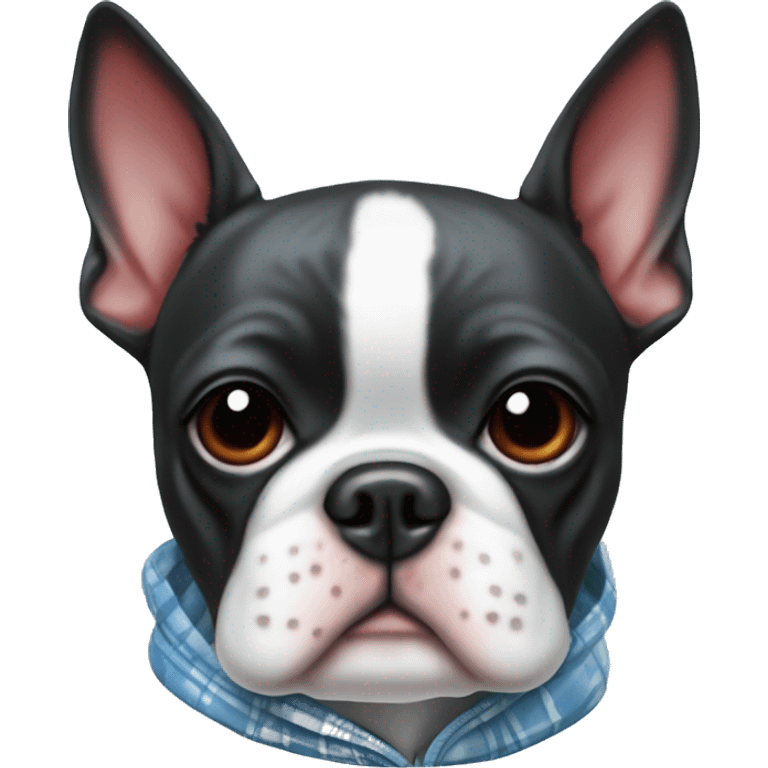 Boston terrier in a light blue white red plaid hoodie  emoji