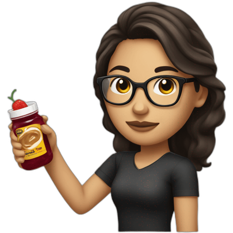 25 year old brunette with black glasses making a pistolet with peanutbutter and jelly emoji