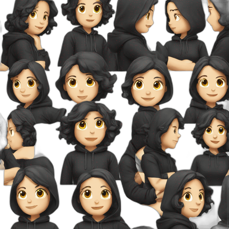 white girl with black wavy hair in a black hoodie emoji