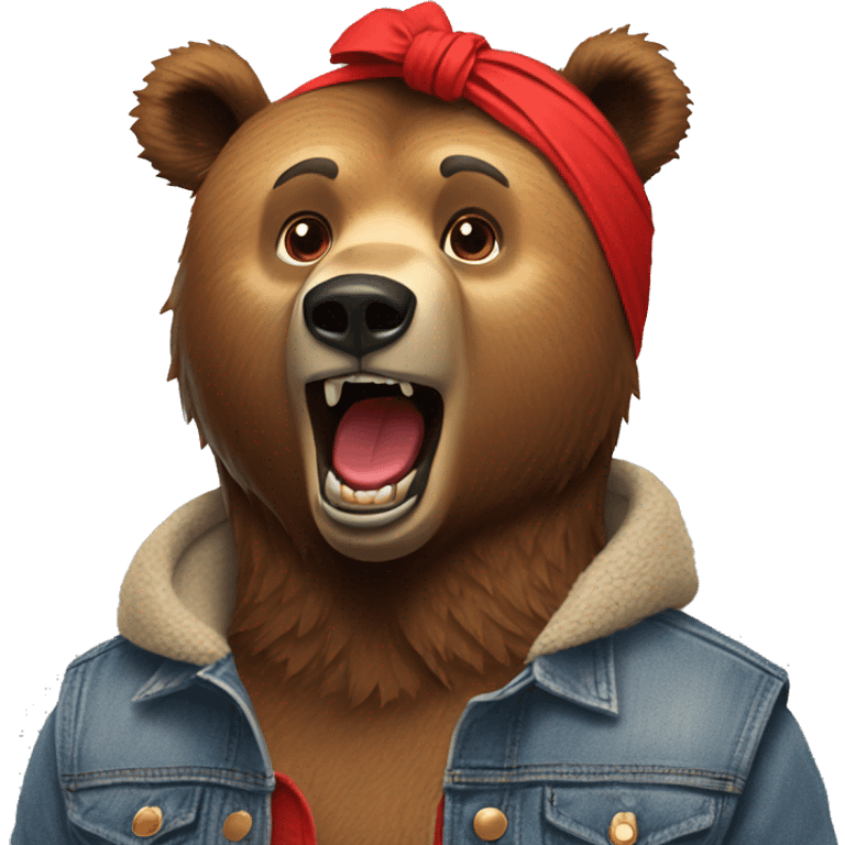 grizzly bear wearing sleeveless jean jacket and red headband with open mouth emoji