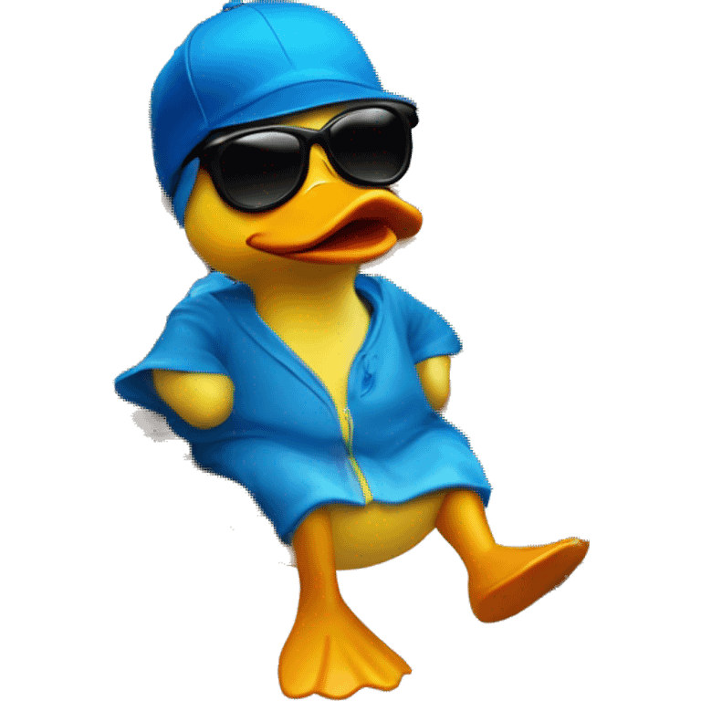 Rubber duck with sunglasses with blue cap siting on bench emoji