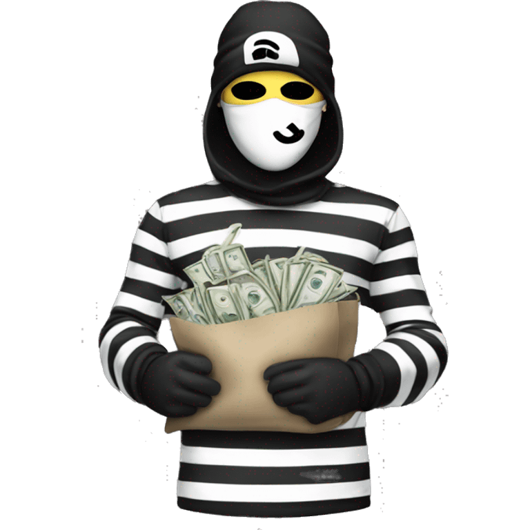 Robber, black and white striped shirt, black mask, money bag, beanie emoji