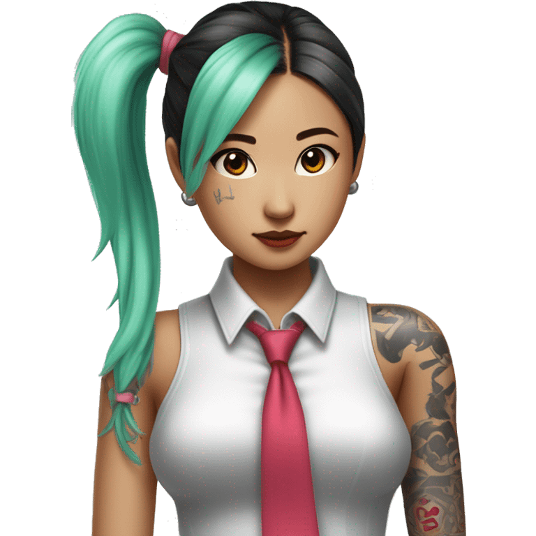 An Asian girl with long mint colored twin ponytail wearing a sleeveless silver shirt, a mint colored tie, and a black flared arm sleeve with a red 01 tattoo on her left arm has a pink square with a black border running through each ponytail emoji