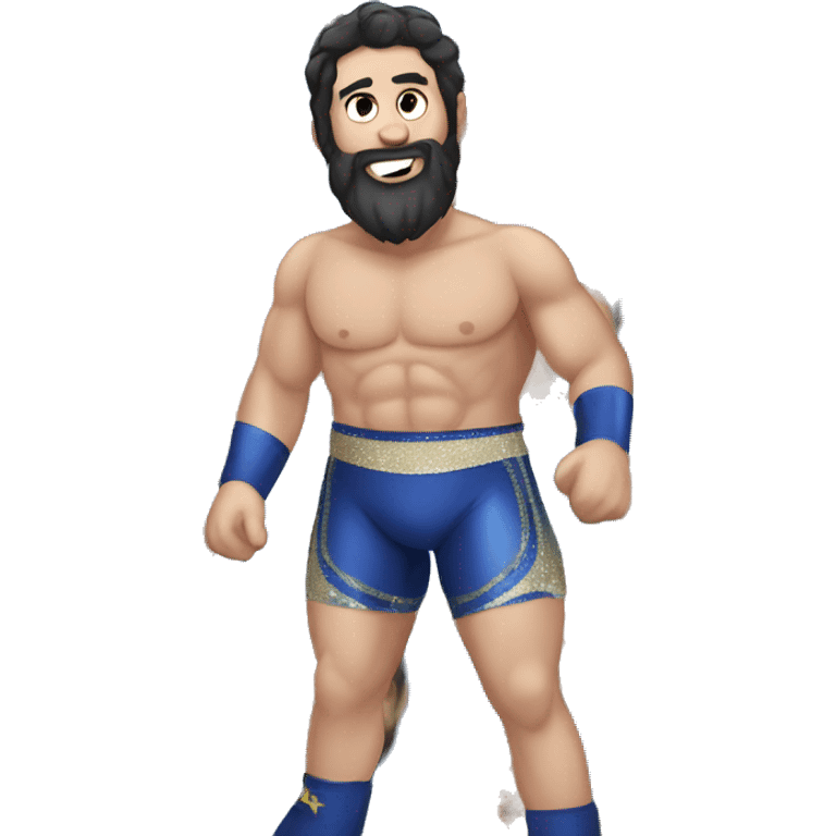 Wrestling man with dark hair and beard wearing sparkly blue trunks  emoji