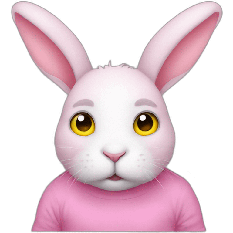 rabbit pink sad eyes, wears teeshirt yellow emoji