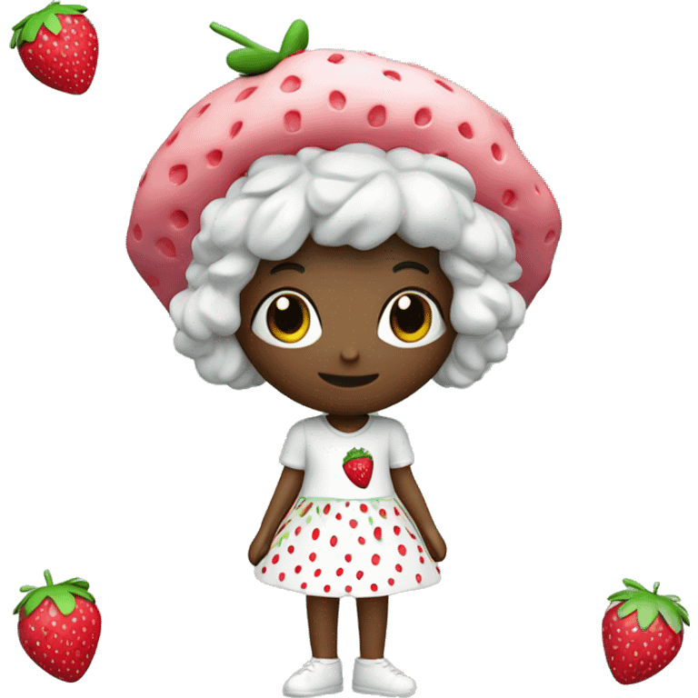 
The figurine has a strawberry-themed headpiece with pink color, black seed dots, and a green leafy top. It wears a white shirt with "Love Sweets" text and a small strawberry  emoji