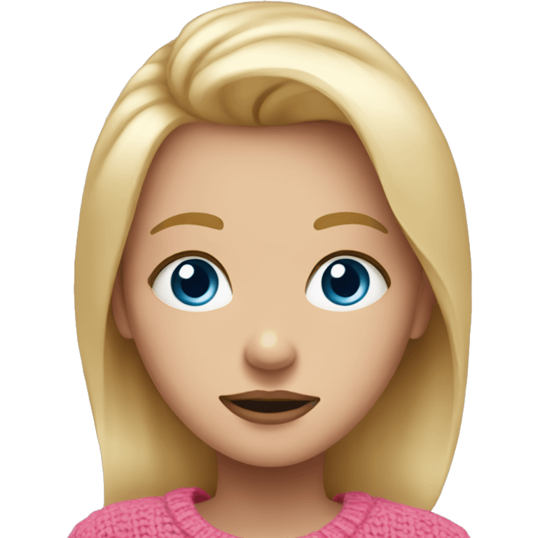 blonde girl in pink sweater mouth closed blue eyes emoji