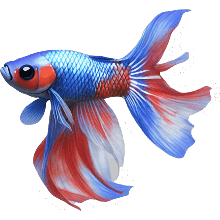 A Koi Betta with a marbled pattern of red, white, and metallic blue. Its long, flowing fins mirror the vibrant body, with a shimmering blue iridescence emoji