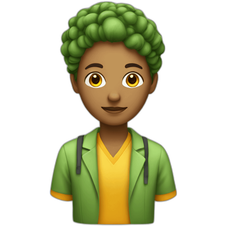 A teacher with a yellow shirt and a headdress in the colors of green, yellow, orange spots emoji