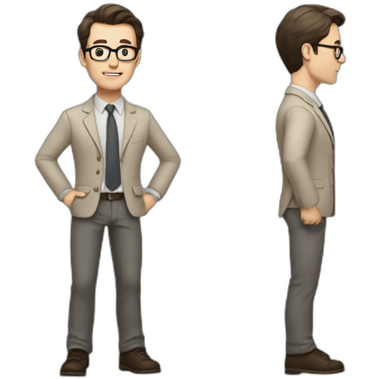 Full height Actively Gesturing Pale skinned fit man with dark brown hair in gray jacket, beige office shirt, brown tie, brown pants and vintage glasses. emoji