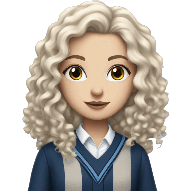 Hyper realistic White girl with long black curly hair wearing a ravenclaw school inform emoji