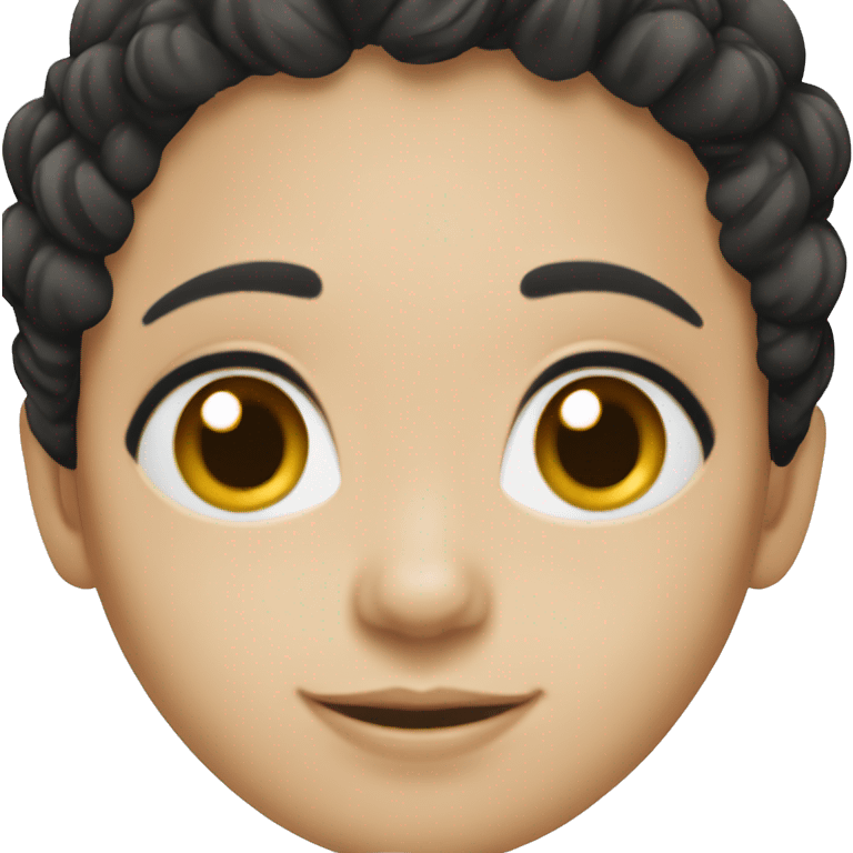 Brazilian woman, white skin, pixie black hair, happy smile, almond black eyes emoji