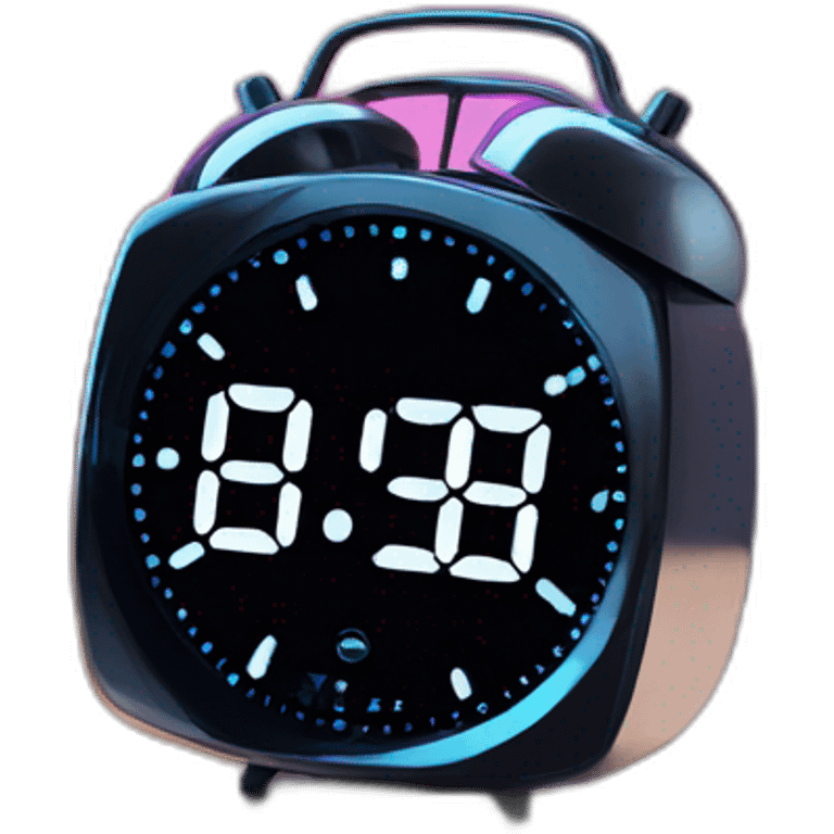 Create a modern alarm clock with a holographic display, on a nightstand in a futuristic bedroom." emoji