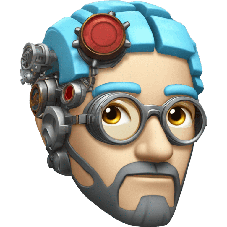  Short light blue haired male cyborg head with light blue beard, red steampunk goggles and circuits emoji