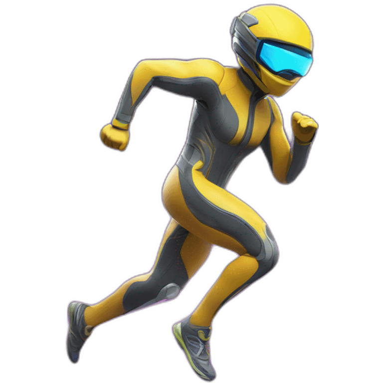 Design a dynamic figure with motion blur, dressed in futuristic running gear, racing through a neon-lit urban landscape. emoji