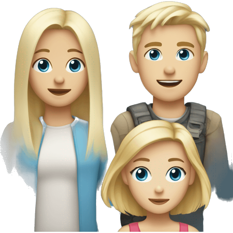 two blonds boys with blue eyes, one short and one tall next to a brunette girl with brown eyes of medium height emoji