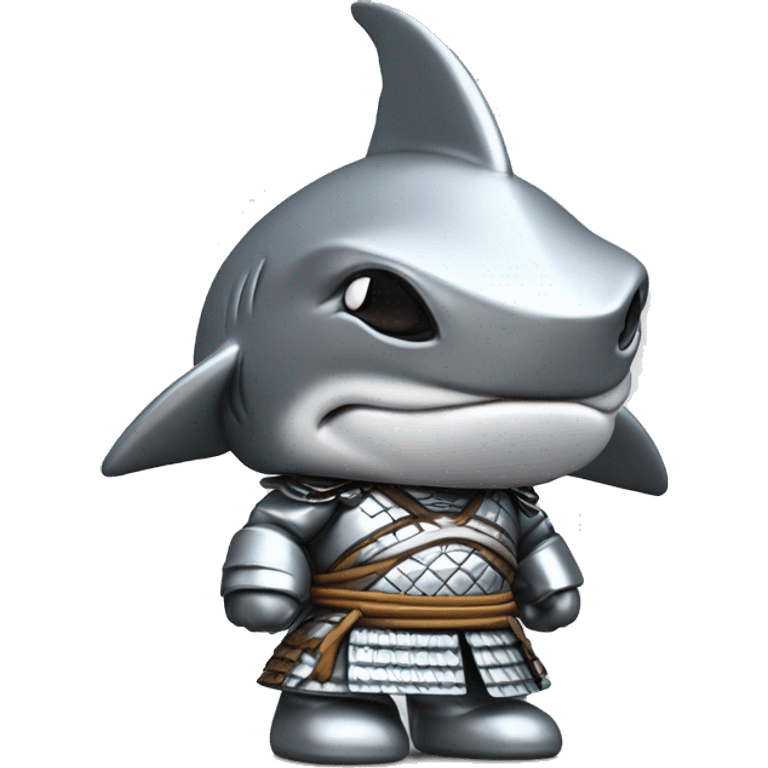 A fully silver chrome figurine of a shark in a samurai outfit, 3D style. emoji