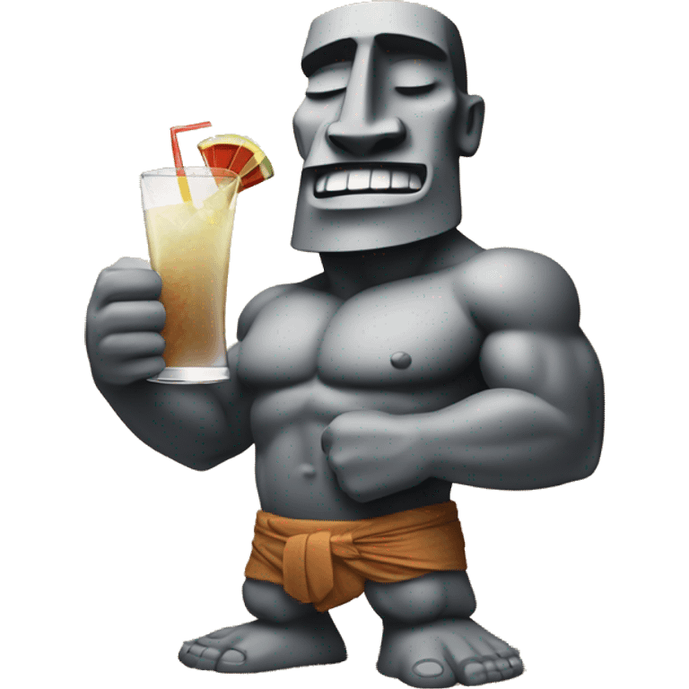 MOAI FLEXING MUSCLE WITH A COCKTAIL, ON THE BEACH   emoji