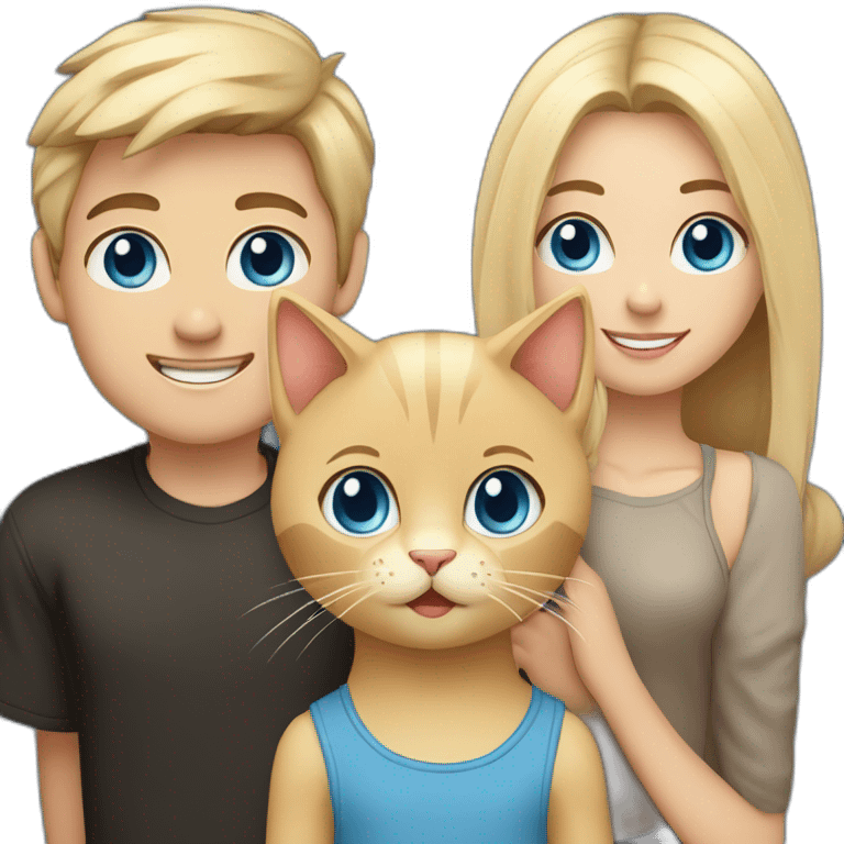 young male with blonde hair, black shirt and blue eyes with his girlfriend with bright long blonde hair, beige shirt and blue eyes. In the middle is a cute brown cat emoji