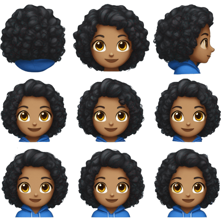 A girl with black curly hair and lifht brown skin with a blue hoodie and jeans emoji